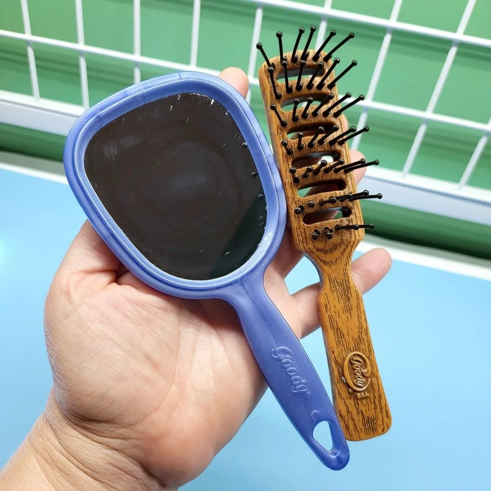 Vintage Goody Vented Hair Brush & Hand Mirror Travel Purse Plastic Faux Wood USA